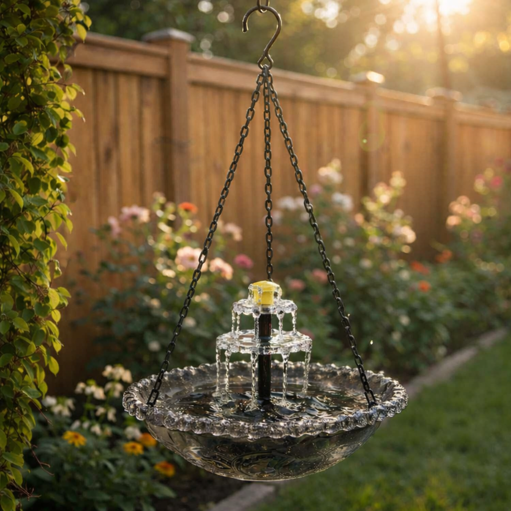 Abbeveratoio per uccelli sospeso | Fontana solare a due livelli | Ciotola in vetro