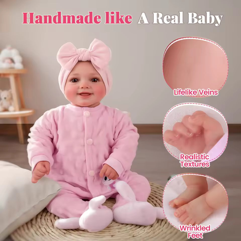 Bambola reborn da 43 cm – realistica in vinile morbido, posizionabile, neonato sorridente con accessori