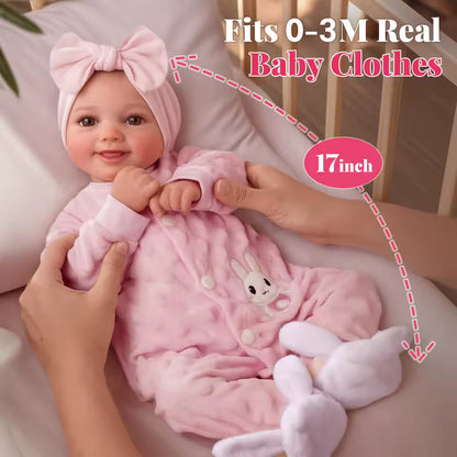 Bambola reborn da 43 cm – realistica in vinile morbido, posizionabile, neonato sorridente con accessori