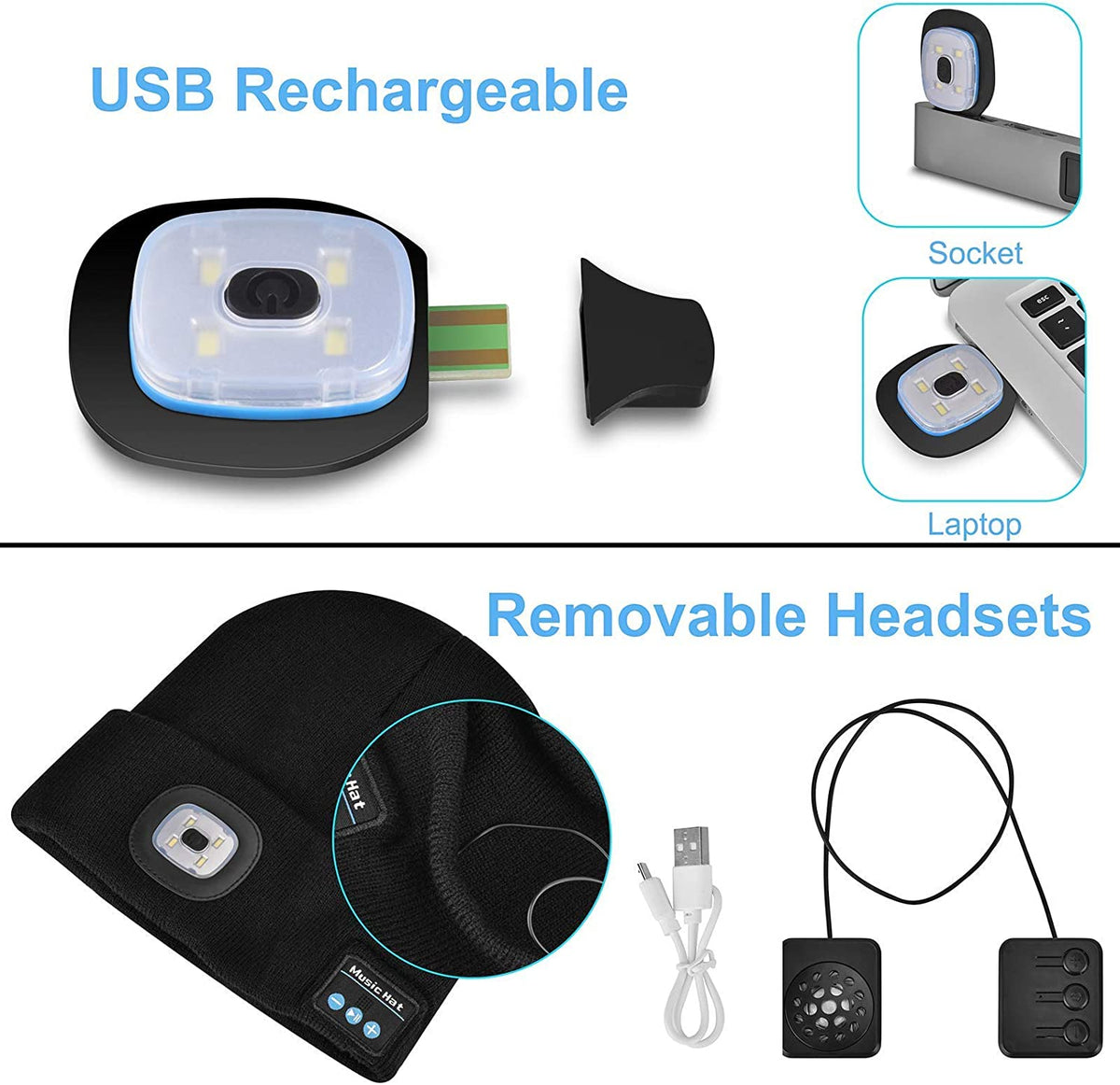 Berretto con luce LED e cuffie Bluetooth wireless