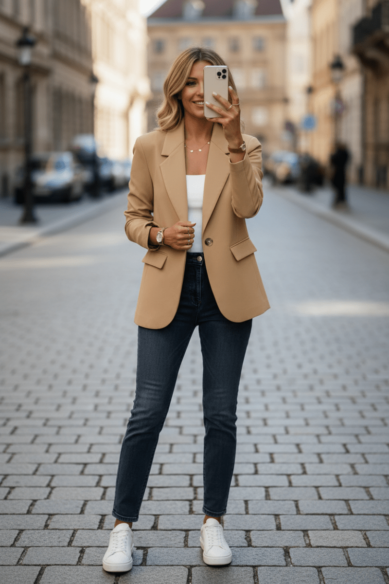 Blazer da donna monopetto con revers e tasche a pattina, giacca elegante a vestibilità rilassata, 6 colori, taglie dalla