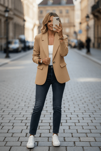 Blazer da donna monopetto con revers e tasche a pattina, giacca elegante a vestibilità rilassata, 6 colori, taglie dalla