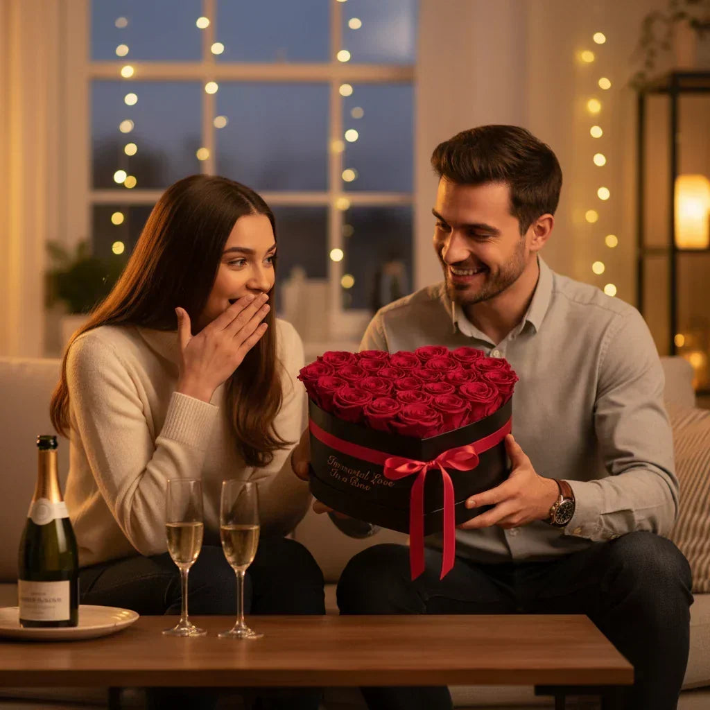 Bouquet di rose artificiali con scatola a forma di cuore