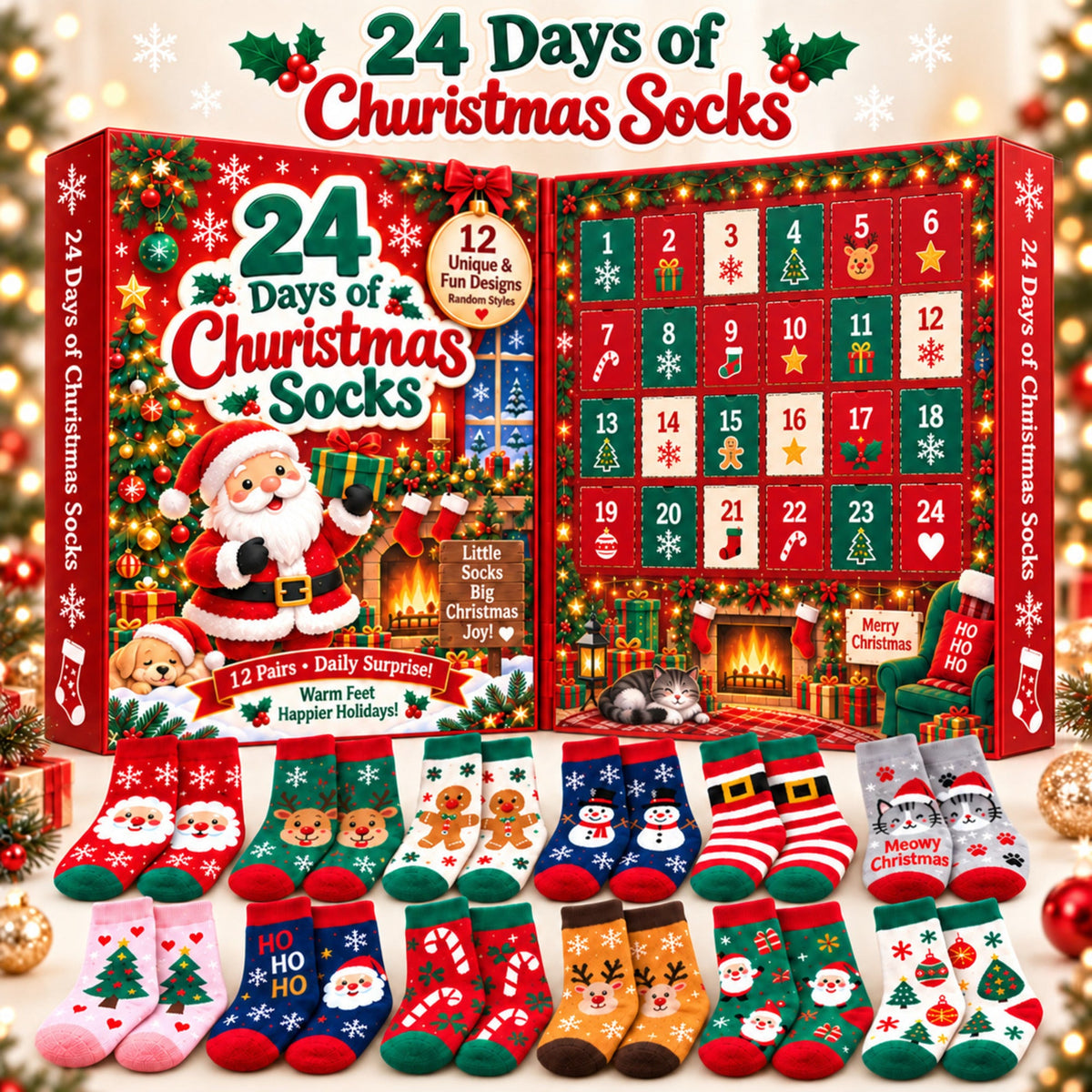 Calendario dell'Avvento con calzini di Natale 24 giorni, confezione regalo misteriosa da 12 paia, fantasie festive casua
