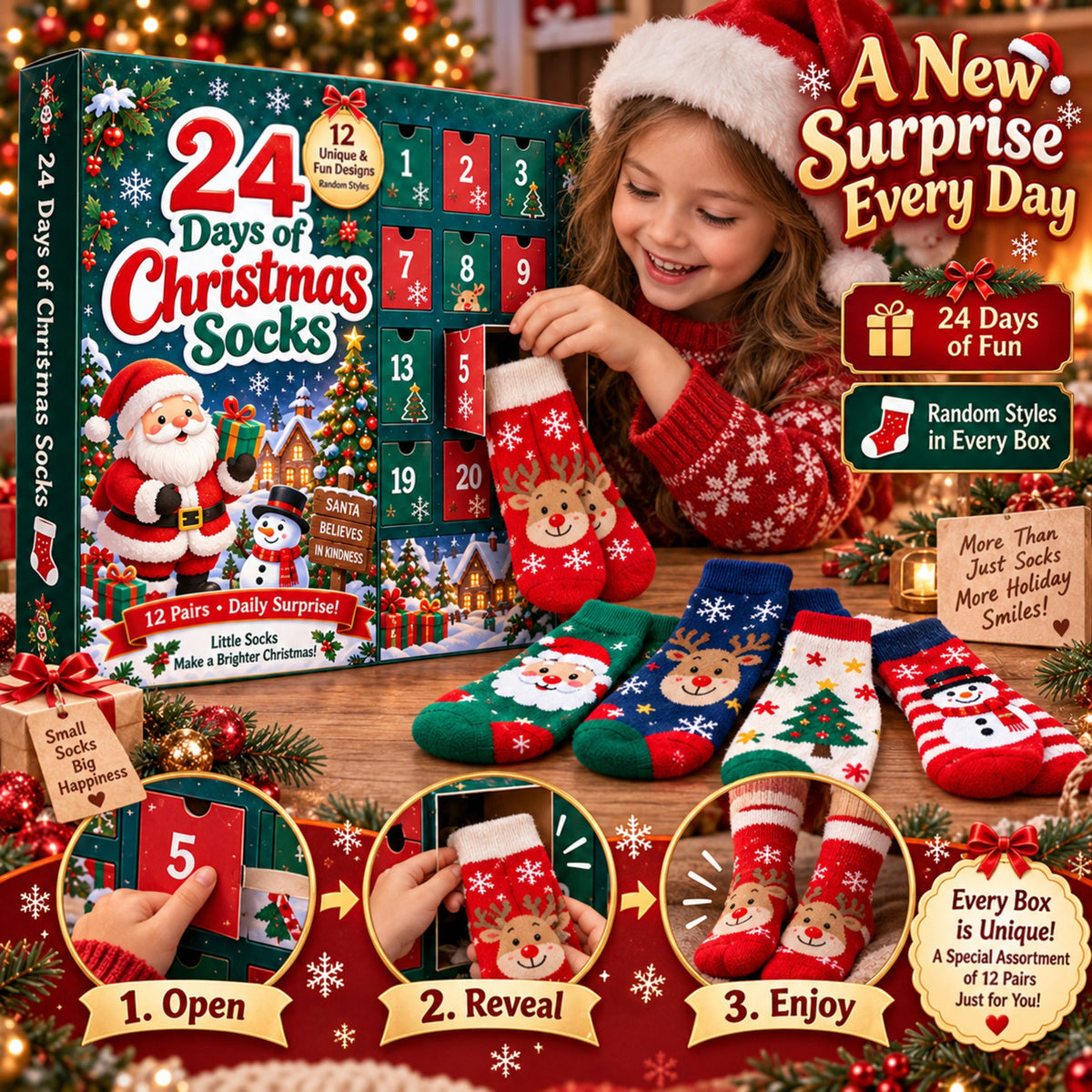Calendario dell'Avvento con calzini di Natale 24 giorni, confezione regalo misteriosa da 12 paia, fantasie festive casua