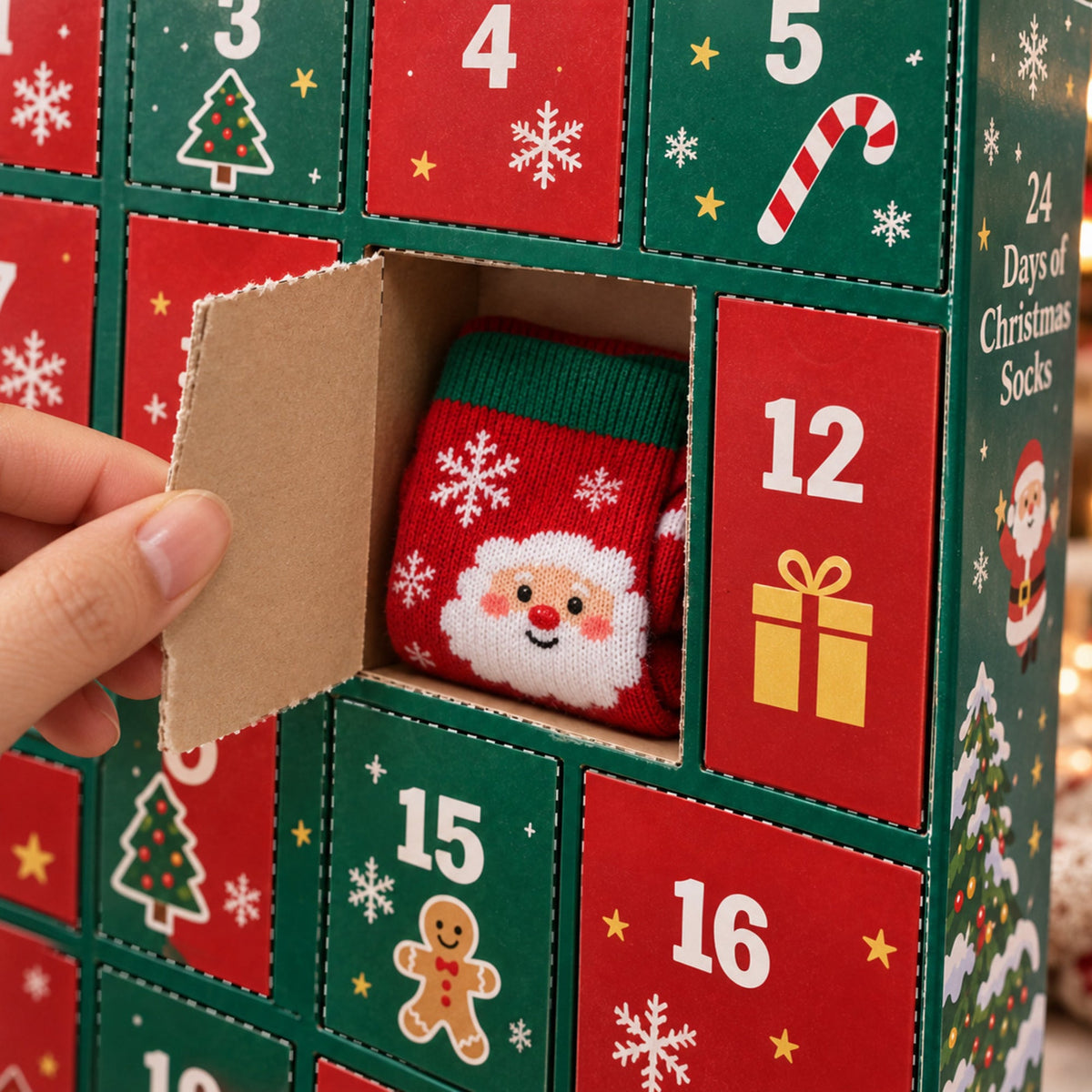 Calendario dell'Avvento con calzini di Natale 24 giorni, confezione regalo misteriosa da 12 paia, fantasie festive casua