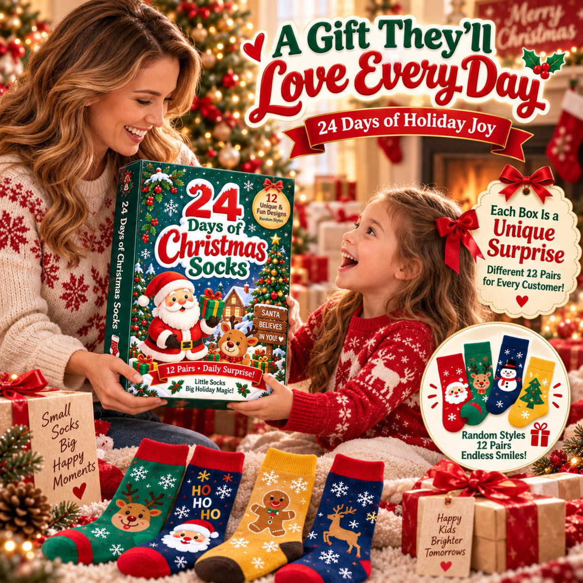 Calendario dell'Avvento con calzini di Natale 24 giorni, confezione regalo misteriosa da 12 paia, fantasie festive casua