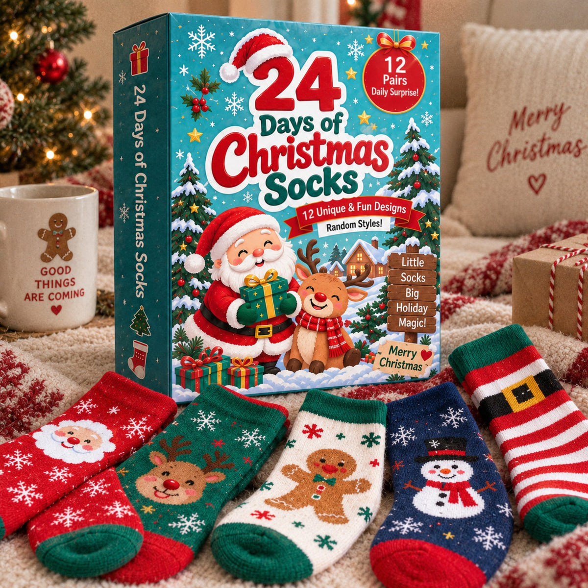 Calendario dell'Avvento con calzini di Natale 24 giorni, confezione regalo misteriosa da 12 paia, fantasie festive casua