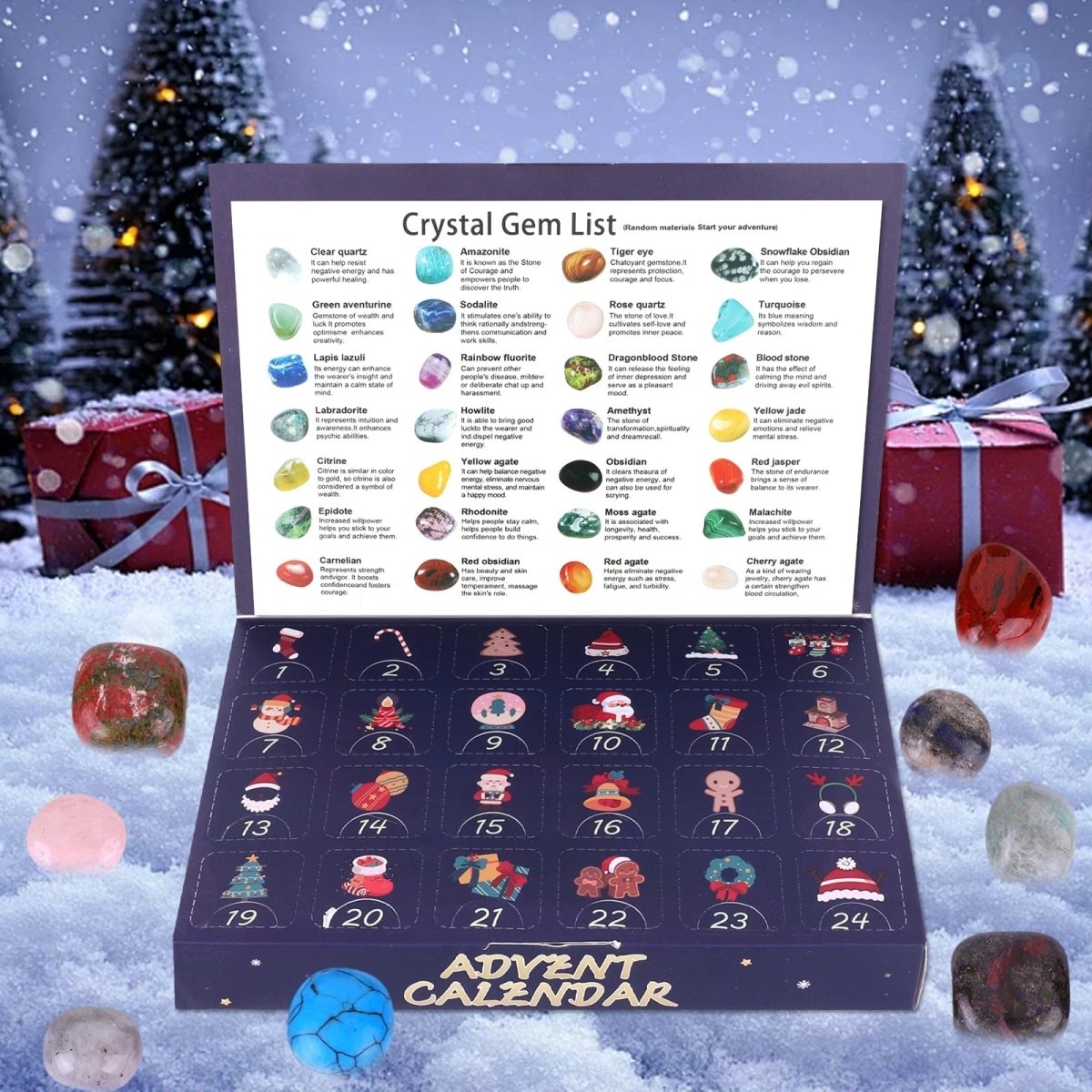 Calendario dell'avvento con cristalli e 24 pietre naturali, calendario per bambini con pietre levigate da collezione e g