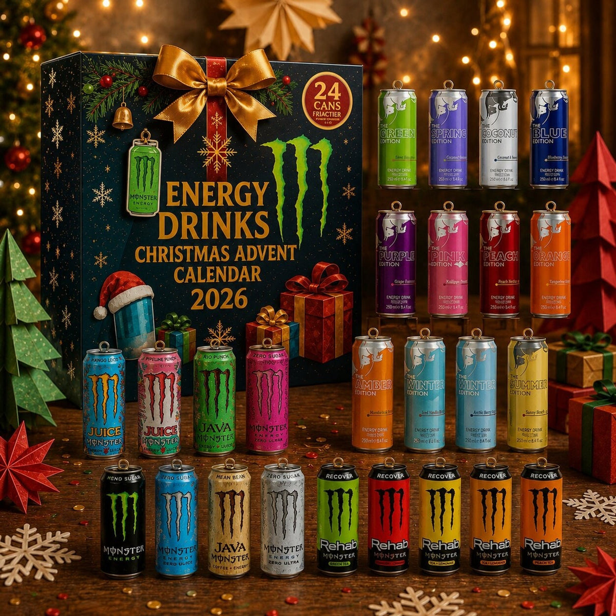 Calendario dell'avvento energy drink 24 giorni conto alla rovescia natalizio
