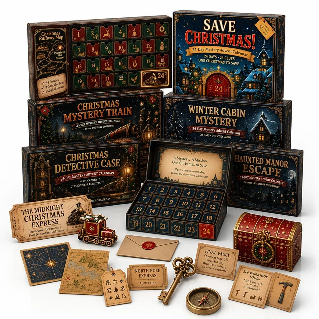Calendario dell'avvento con enigmi escape room da 24 giorni (6 temi)