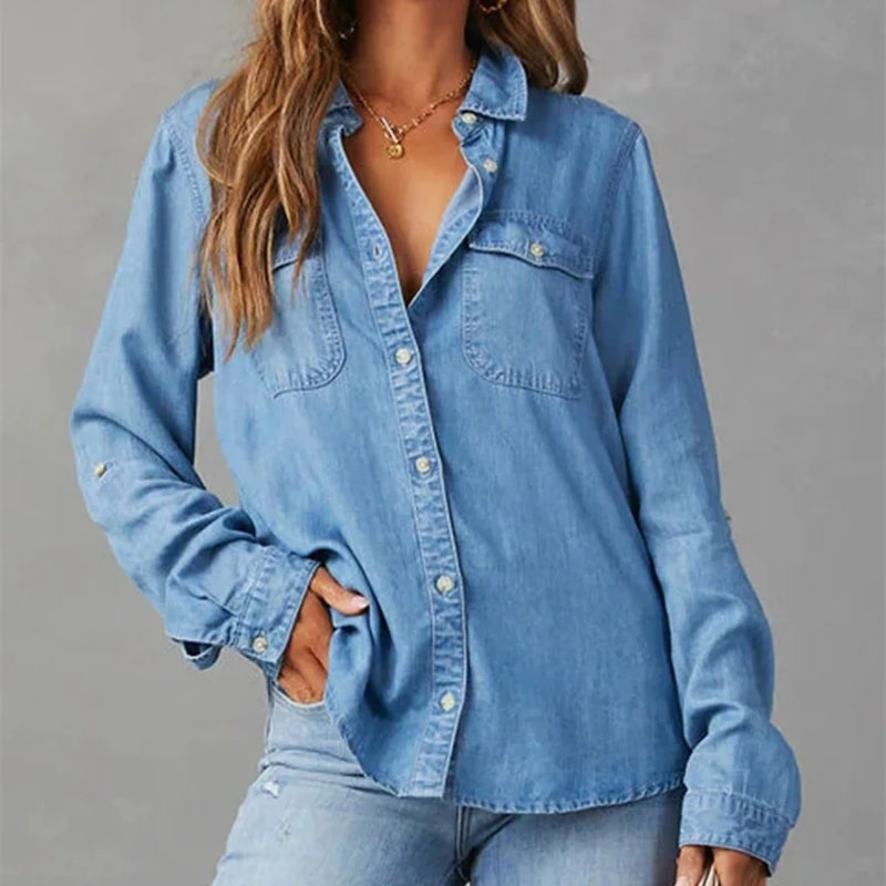 Camicia da donna in denim con bottoni vestibilità rilassata