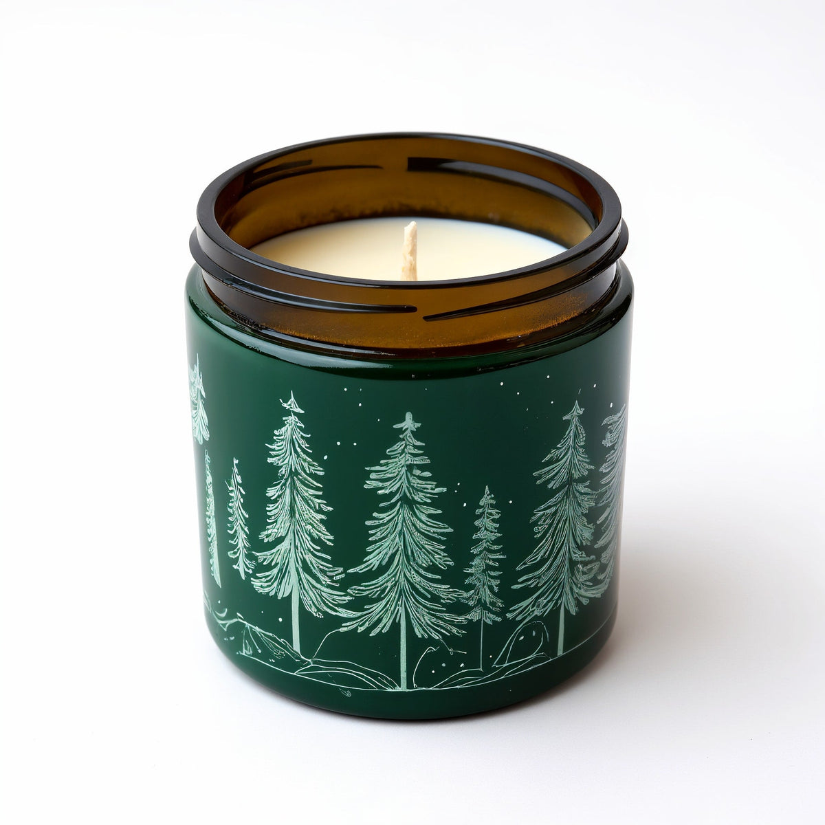 Candela di soia Foresta di Pini Rassivo — Barattolo verde scuro con motivo a pino