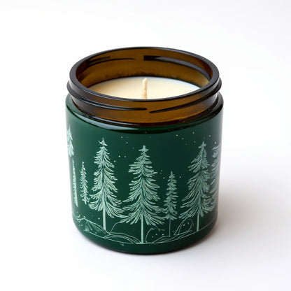 Candela di soia Foresta di Pini Rassivo — Barattolo verde scuro con motivo a pino