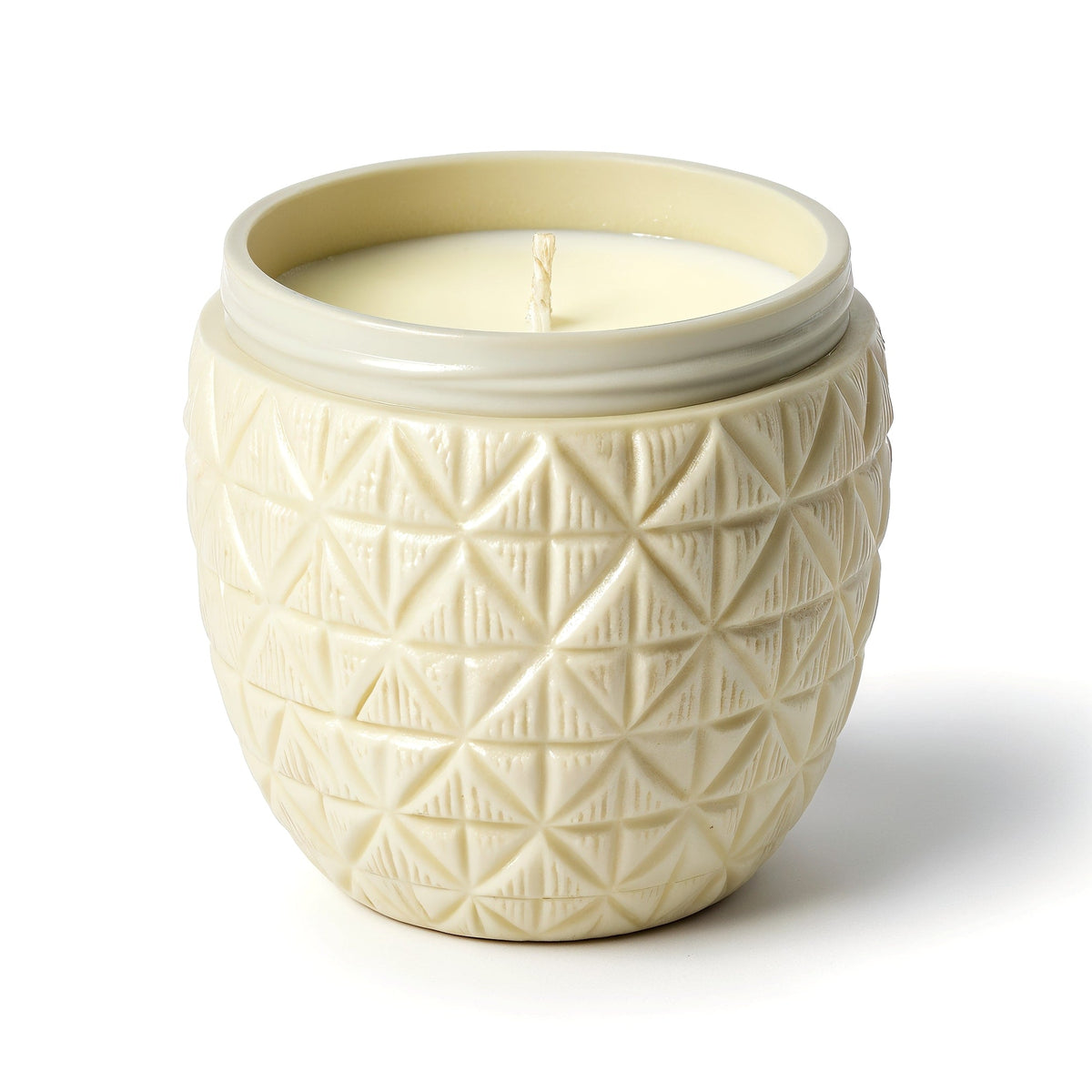 Candela di soia vaniglia e cocco Rassivo – vasetto avorio con texture cocco