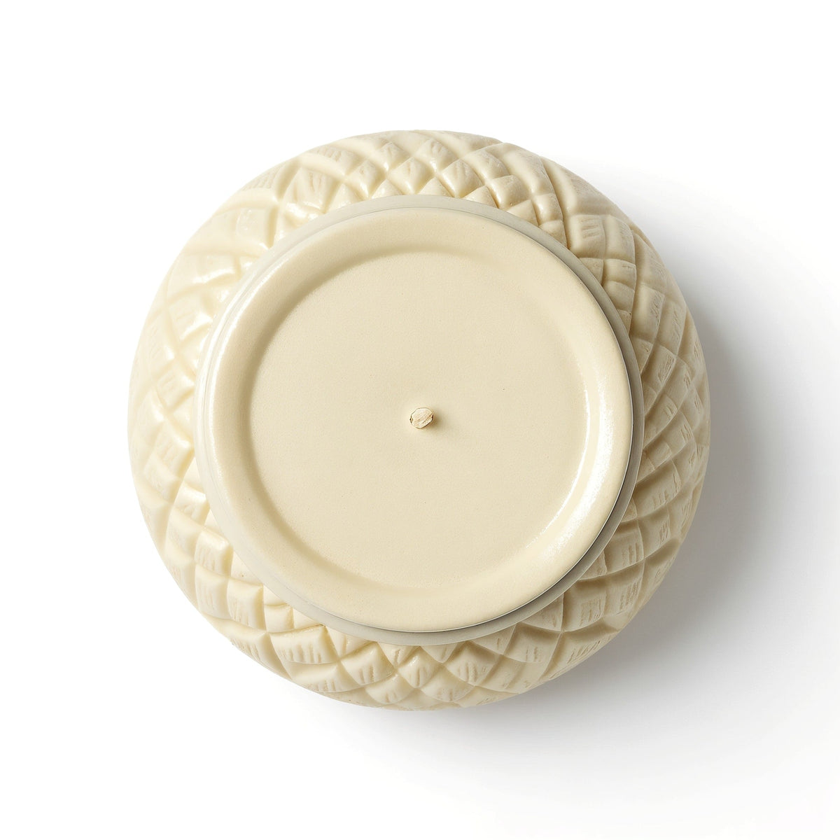 Candela di soia vaniglia e cocco Rassivo – vasetto avorio con texture cocco