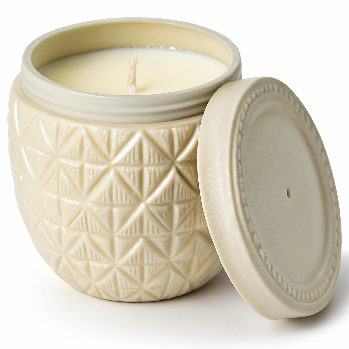 Candela di soia vaniglia e cocco Rassivo – vasetto avorio con texture cocco