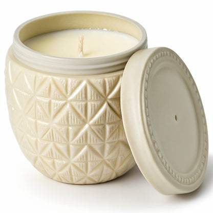 Candela di soia vaniglia e cocco Rassivo – vasetto avorio con texture cocco