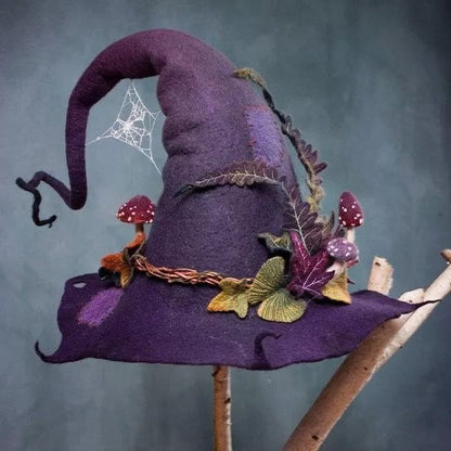 Cappello da strega fatto a mano in feltro di lana merino con punta arricciata, 5 design decorati, vestibilità regolabile