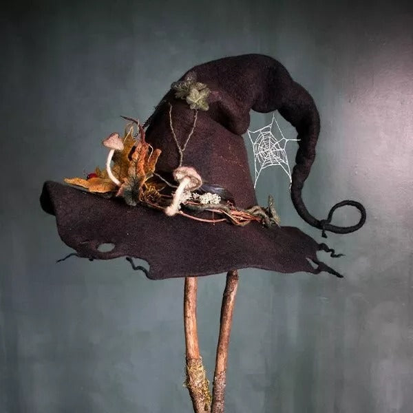 Cappello da strega fatto a mano in feltro di lana merino con punta arricciata, 5 design decorati, vestibilità regolabile