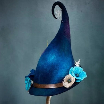 Cappello da strega fatto a mano in feltro di lana merino con punta arricciata, 5 design decorati, vestibilità regolabile