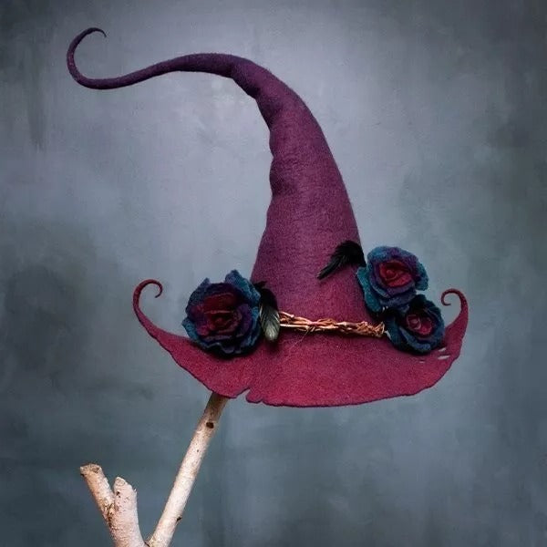 Cappello da strega fatto a mano in feltro di lana merino con punta arricciata, 5 design decorati, vestibilità regolabile