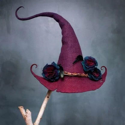 Cappello da strega fatto a mano in feltro di lana merino con punta arricciata, 5 design decorati, vestibilità regolabile