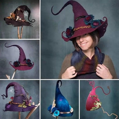 Cappello da strega fatto a mano in feltro di lana merino con punta arricciata, 5 design decorati, vestibilità regolabile