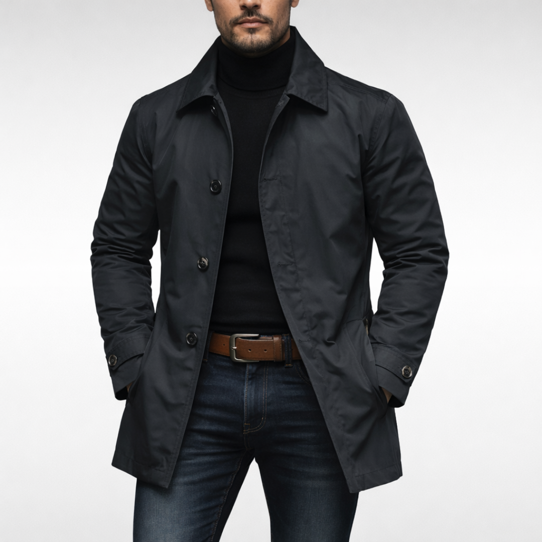 Cappotto da uomo a lunghezza media con abbottonatura frontale e collo classico