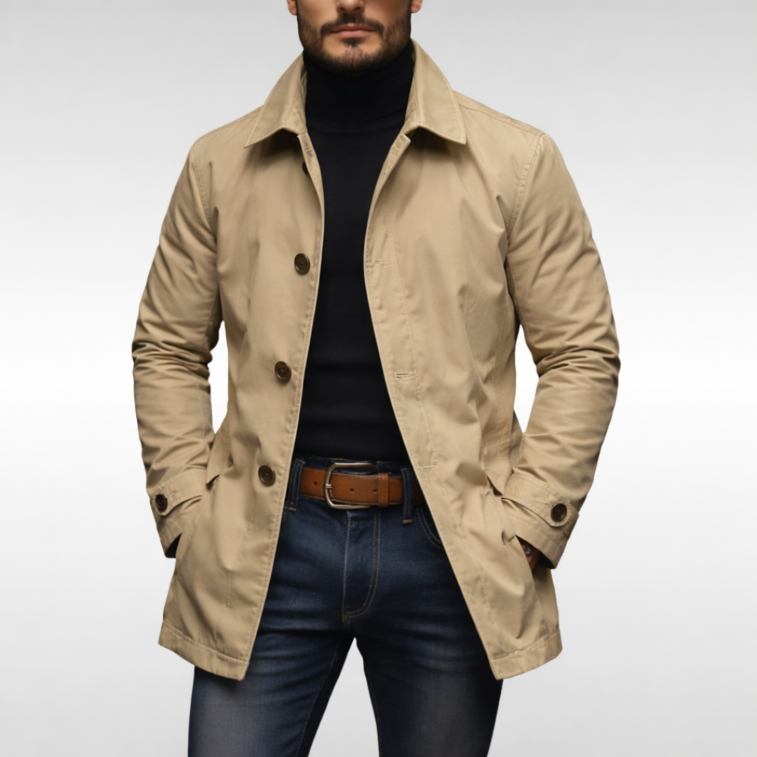 Cappotto da uomo a lunghezza media con abbottonatura frontale e collo classico