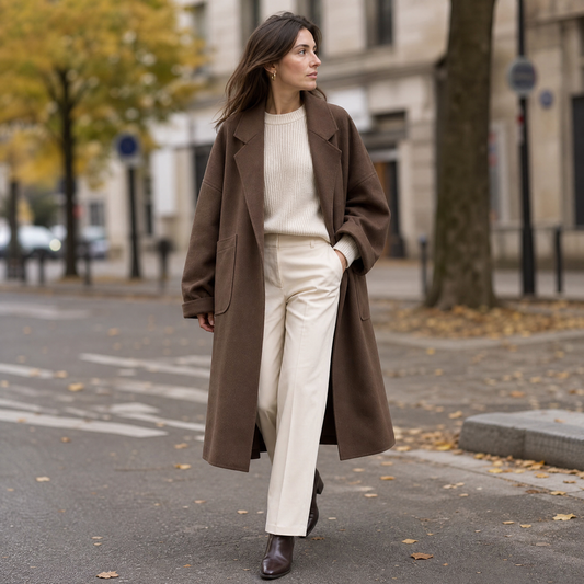 Cappotto donna oversize con revers e tasche applicate, polsini rivoltati e spalle scese, caffè o nero, taglie S-4XL