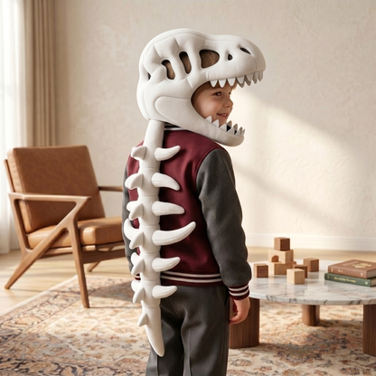 Cappuccio peluche teschio di dinosauro per bambini con spina dorsale scheletro