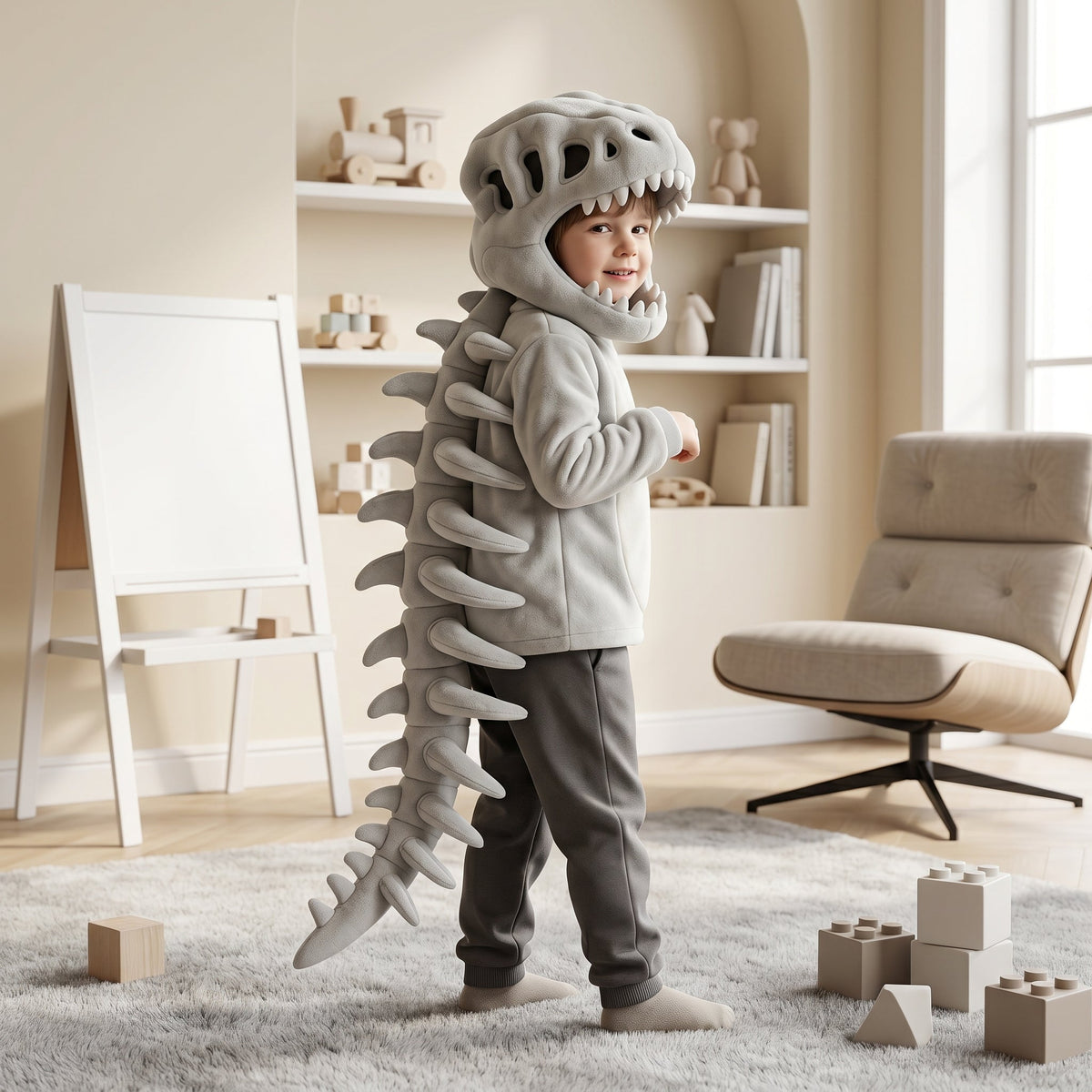 Cappuccio peluche teschio di dinosauro per bambini con spina dorsale scheletro
