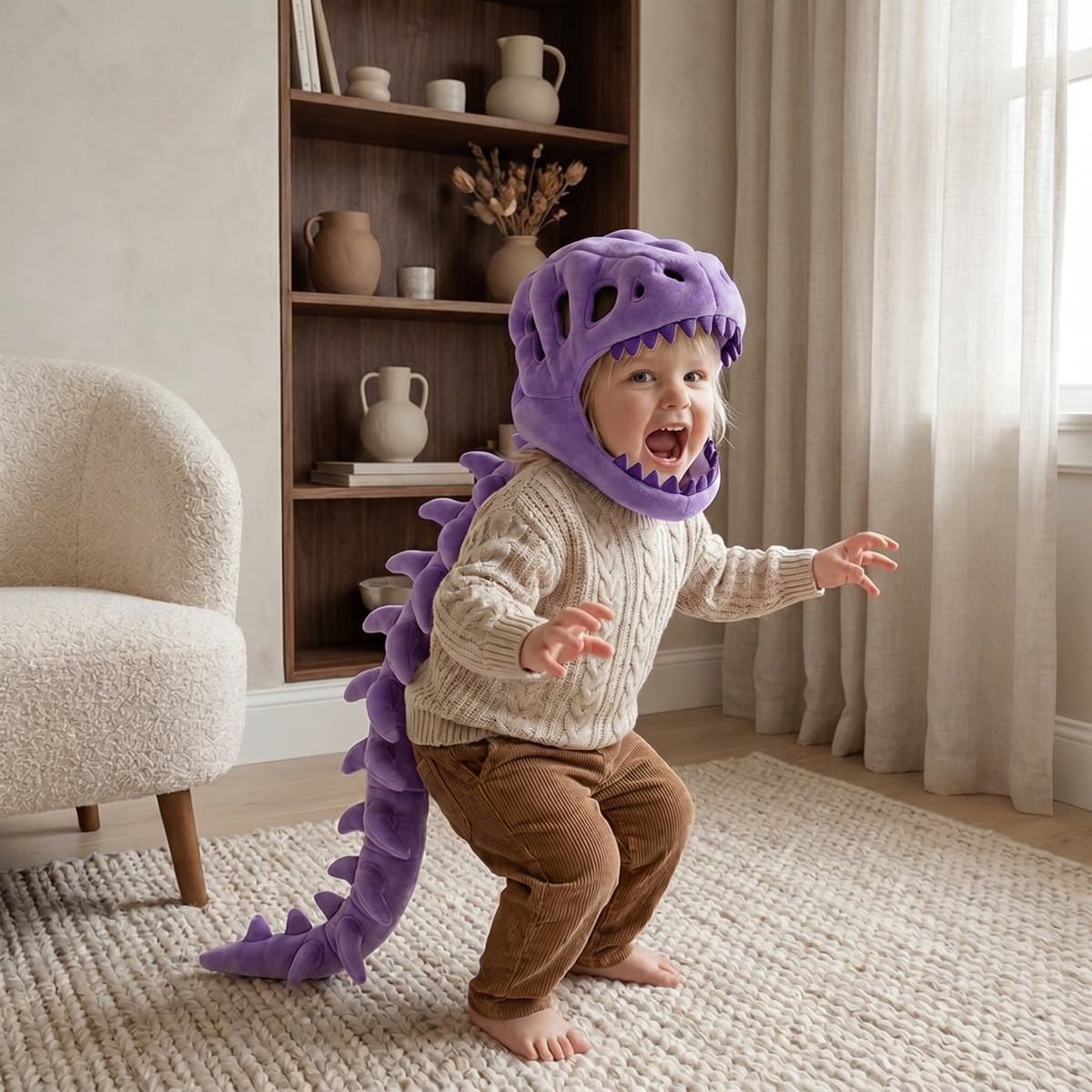 Cappuccio peluche teschio di dinosauro per bambini con spina dorsale scheletro