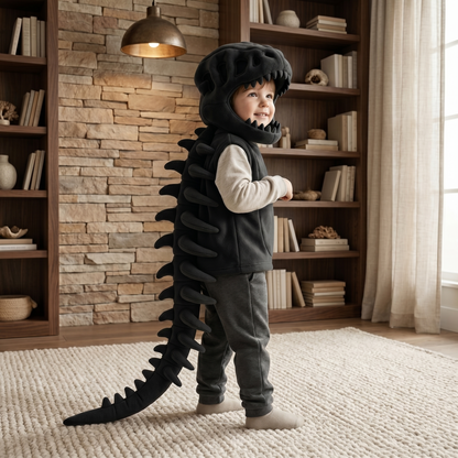Cappuccio peluche teschio di dinosauro per bambini con spina dorsale scheletro