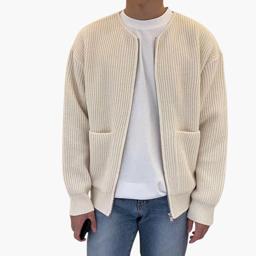 Cardigan da uomo con zip in maglia a coste, girocollo senza colletto e due tasche applicate, 5 colori, taglie dalla XS a