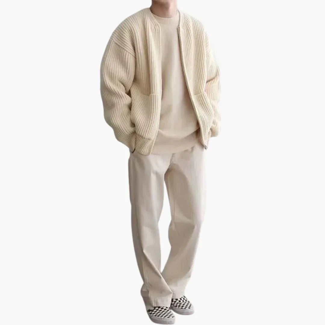 Cardigan da uomo con zip in maglia a coste, girocollo senza colletto e due tasche applicate, 5 colori, taglie dalla XS a