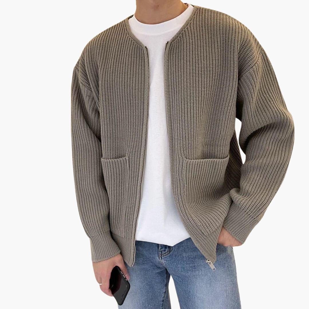 Cardigan da uomo con zip in maglia a coste, girocollo senza colletto e due tasche applicate, 5 colori, taglie dalla XS a