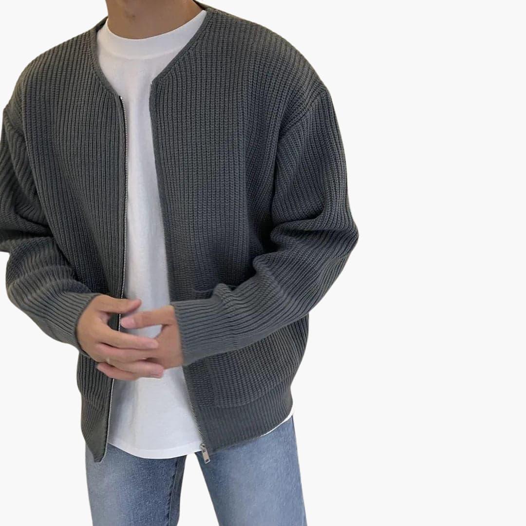 Cardigan da uomo con zip in maglia a coste, girocollo senza colletto e due tasche applicate, 5 colori, taglie dalla XS a