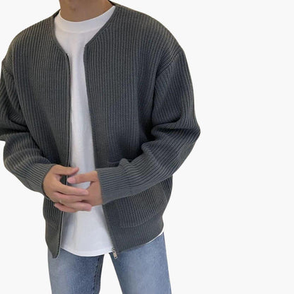 Cardigan da uomo con zip in maglia a coste, girocollo senza colletto e due tasche applicate, 5 colori, taglie dalla XS a