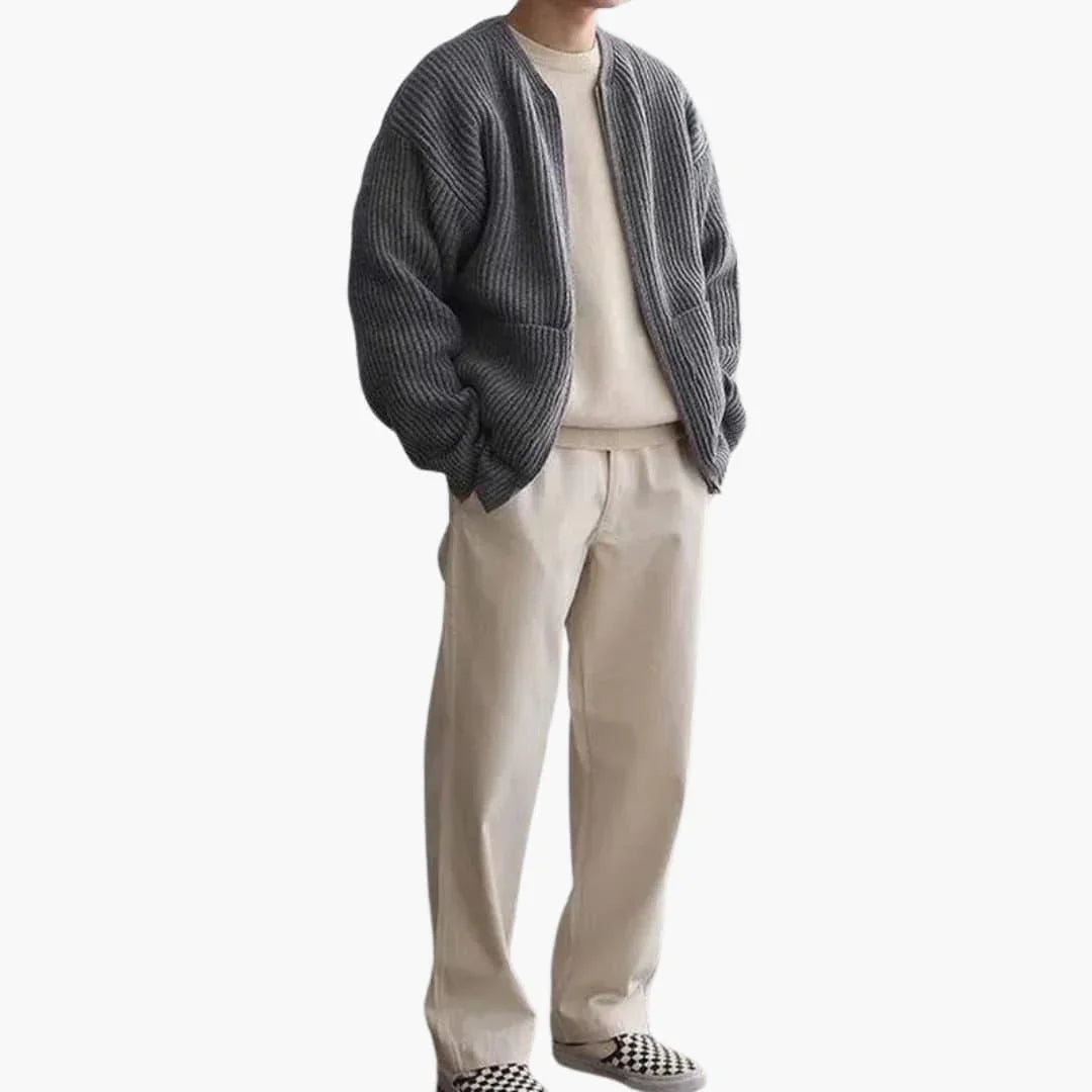 Cardigan da uomo con zip in maglia a coste, girocollo senza colletto e due tasche applicate, 5 colori, taglie dalla XS a