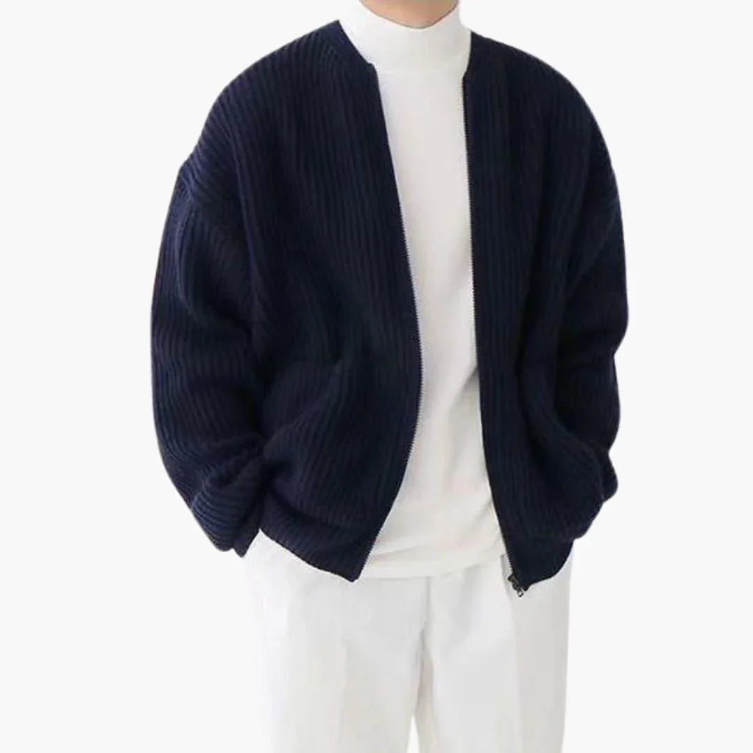Cardigan da uomo con zip in maglia a coste, girocollo senza colletto e due tasche applicate, 5 colori, taglie dalla XS a