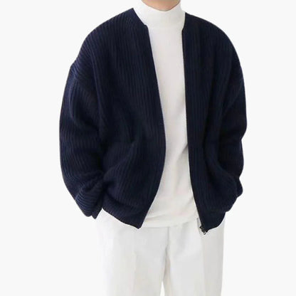 Cardigan da uomo con zip in maglia a coste, girocollo senza colletto e due tasche applicate, 5 colori, taglie dalla XS a