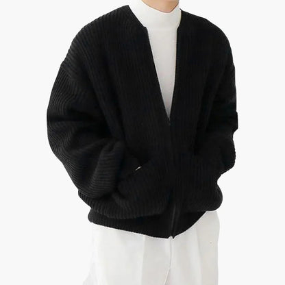 Cardigan da uomo con zip in maglia a coste, girocollo senza colletto e due tasche applicate, 5 colori, taglie dalla XS a