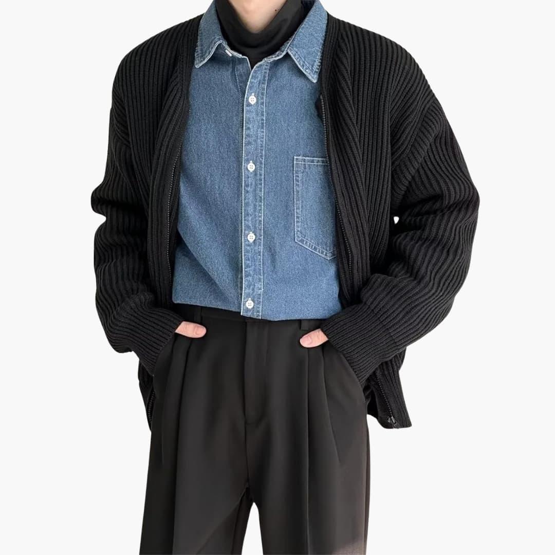 Cardigan da uomo con zip in maglia a coste, girocollo senza colletto e due tasche applicate, 5 colori, taglie dalla XS a