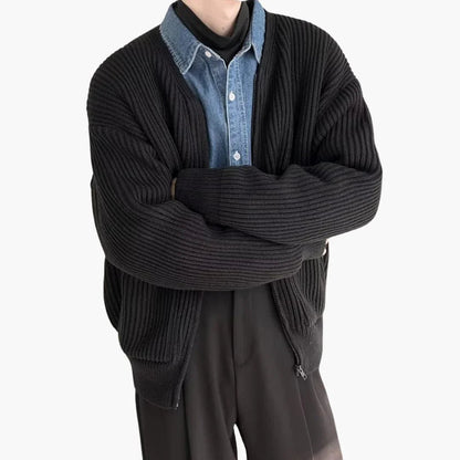 Cardigan da uomo con zip in maglia a coste, girocollo senza colletto e due tasche applicate, 5 colori, taglie dalla XS a