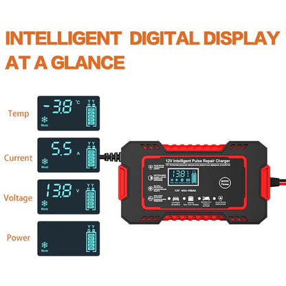 Caricabatterie intelligente 12V 6A con riparazione a impulsi e display LCD per batterie auto e moto