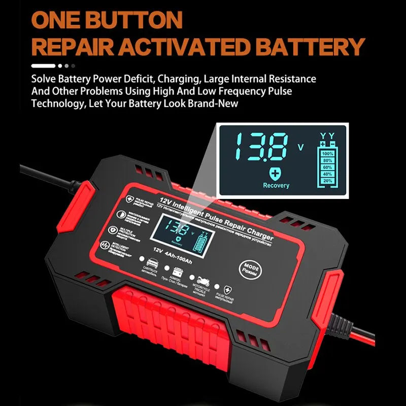 Caricabatterie intelligente 12V 6A con riparazione a impulsi e display LCD per batterie auto e moto