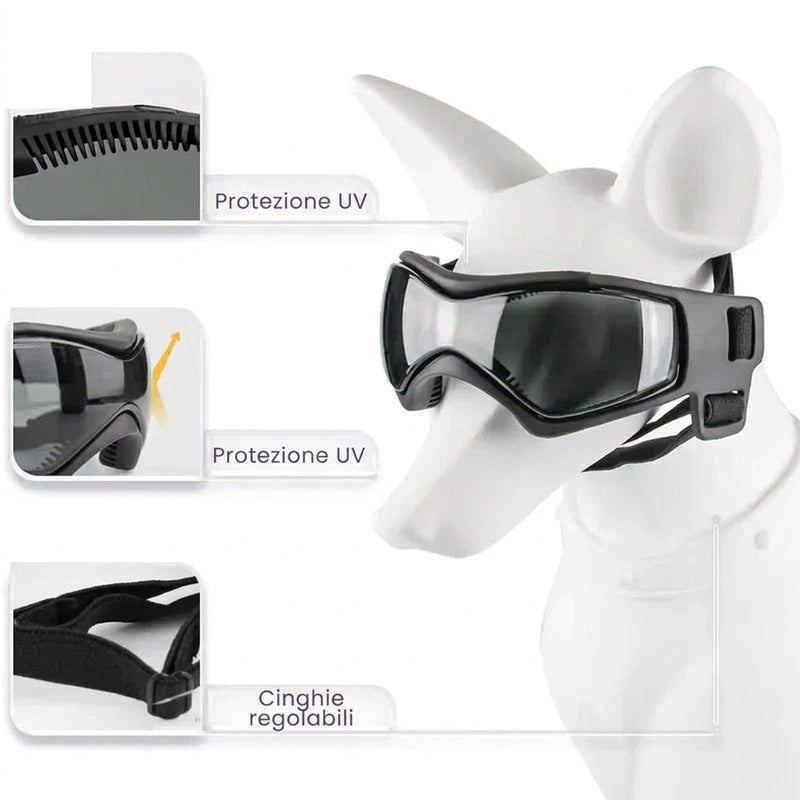 Casco per cani con occhialini protettivi