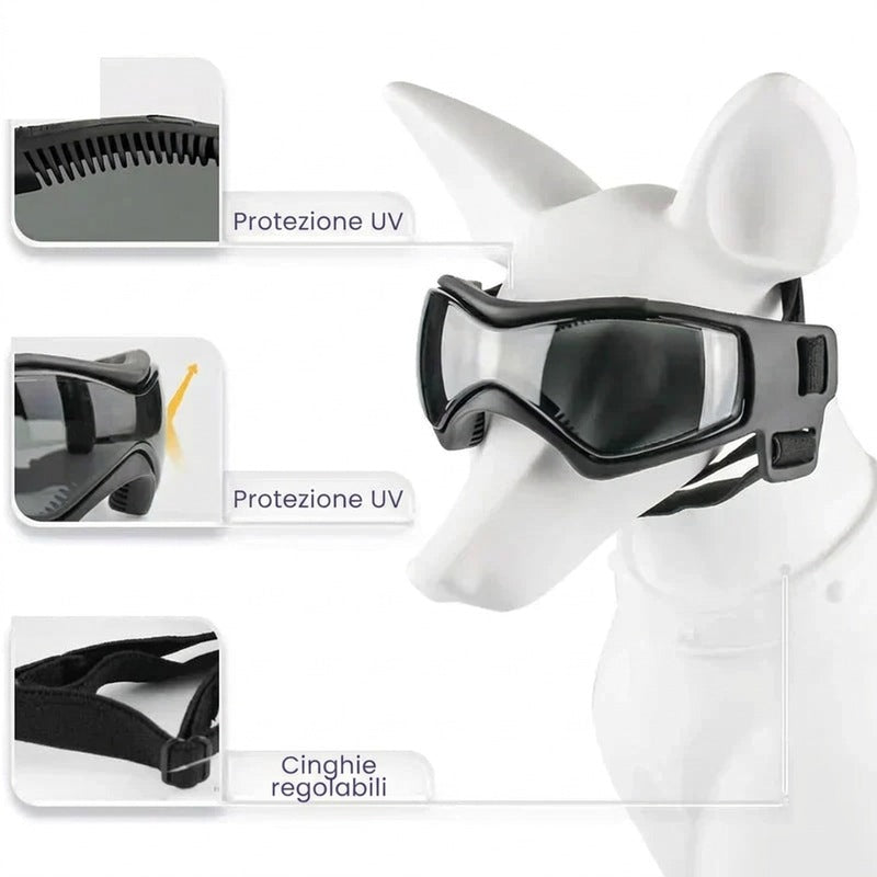 Casco per cani con occhialini protettivi